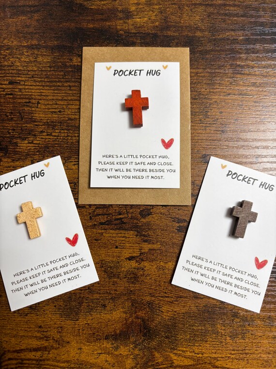 Wooden CROSS Pocket Hug Gift Card Protect You Christening Celebration Christmas Keepsake Purse Wallet Envelope Set Loving Quirky 3 Colours