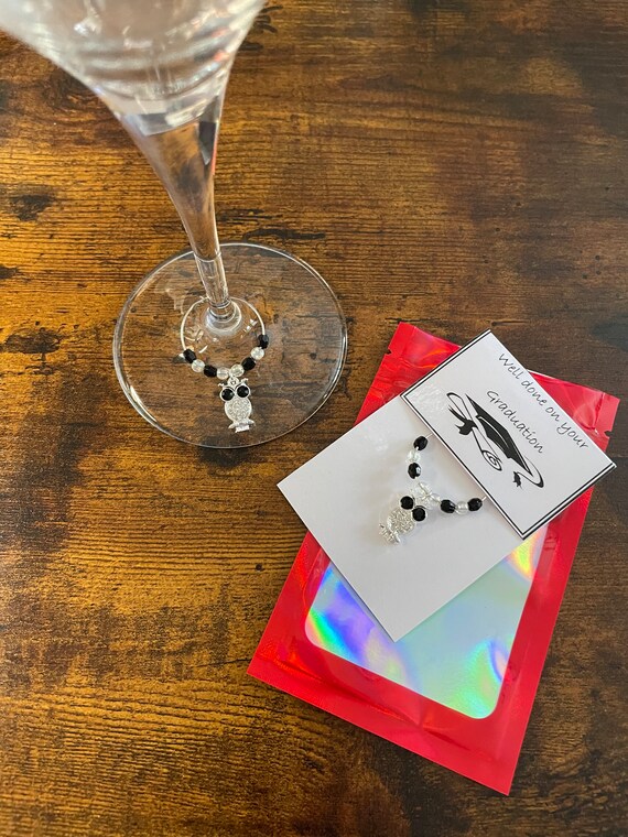GRADUATION Wine Glass Charm Rhinestone Owl Beads Black White Card Shimmer Gift Bag Party Favour Well Done Graduated Keepsake Fun Quirky Love