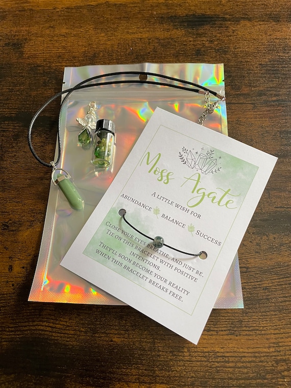MOSS AGATE A Little Wish Set For Abundance Balance Success Crystal Angel Rocks Necklace Wish Bracelet Gift Bag Positivity Healing Chakra Fun
