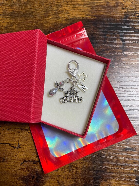 Personalised Initial Letter CHRISTMAS Merry Christmas Large Lobster Clasp Star Rhinestone Angel Charm Set Gift Box Or Shimmer Bag Keepsake