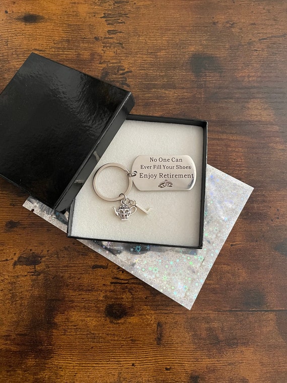 Personalised Initial Letter RETIREMENT Tag Keyring Charm No One Can Fill Your Shoes Tea Pot Fun Novelty Keepsake Gift BoxOr Gift Bag Quirky