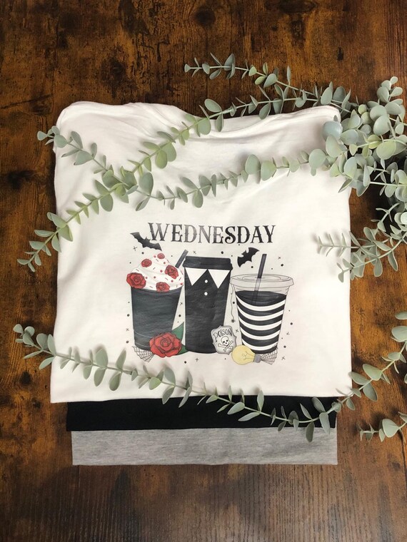 WEDNESDAY Adams Tv Series Inspired Vinyl Printed T shirt Fun Quirky Keepsake Gift Heat Transfer Picture Drinks Black White Unisex