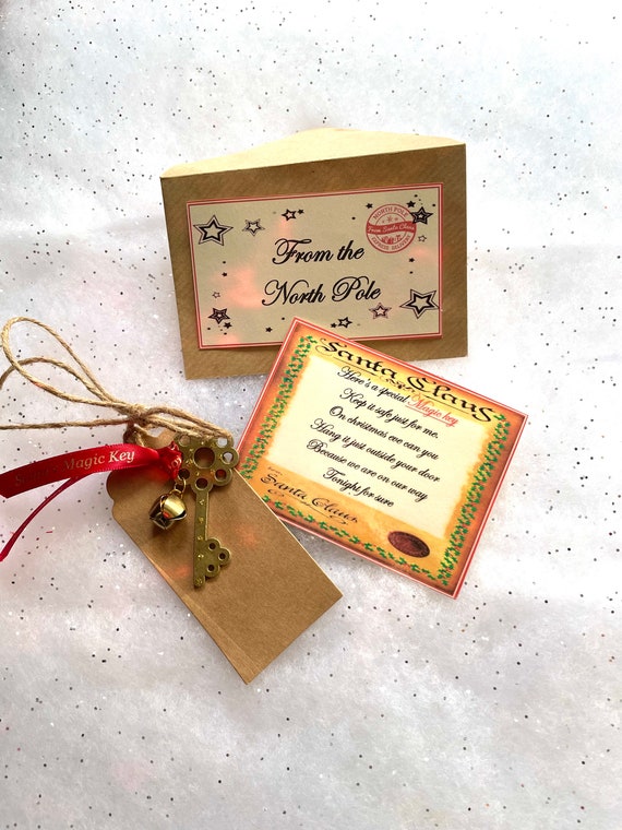 A Key From North Pole SANTA KEY Jingle Bell Ribbon Poem CHRISTMAS Eve Box Stocking Filler Glitter Magical Believe Traditional Gift Keepsake