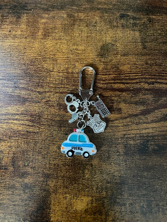 POLICE force officer trainee key ring charm pendant keepsake gift, car phone whistle handcuffs badge blue beads gift box quirky fun set fab