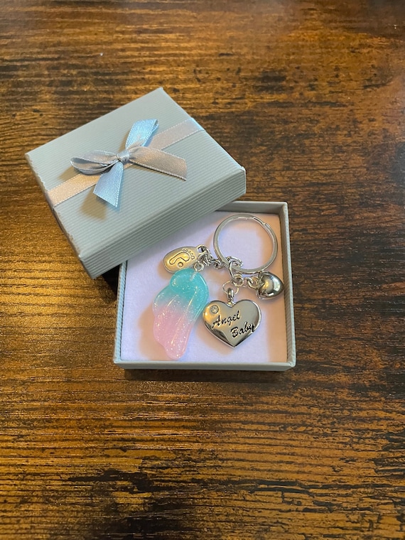 ANGEL BABY Keepsake Key Ring Or Bag Charm Gift Set Angel Wing Baby Feet Heart Charms In Memory Miscarriage Baby Loss Box Or Shimmer Bag