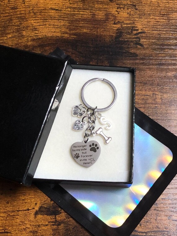 Personalised Initial Letter In Loving Memory Dog Key Ring Or Bag Charm Set Bone Paw Print Heart Engraved No Longer By My Side Memories