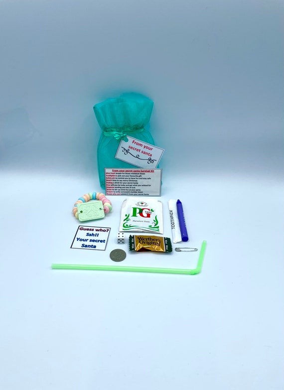 SECRET SANTA Christmas Works Party Boss Friend Novelty Survival Kit Fun Gift Colour Organza Bag Stocking Filler Quirky Poems Mint Watch Dice