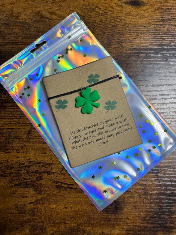 Clover Shamrock Make A Wish Bracelet Carded Poem Set Lucky Charm St Patrick’s Hope Faith Love And Luck Tie On Wrist Keepsake Fun Gift Bag