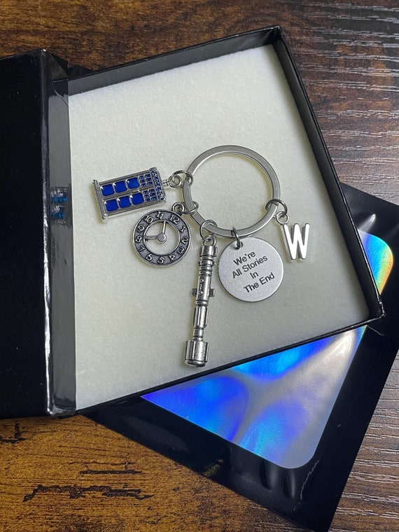 PERSONALISED Dr Who TV Series Inspired Key Ring Charm Set Tardis Clock Initial Letter Engraved We’re All Stories In The End Gift Box Bag