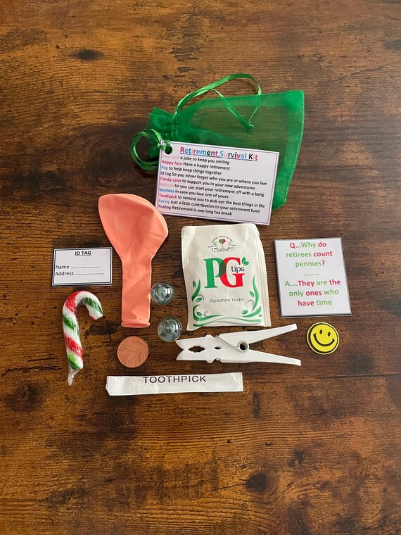 Novelty Retirement Survival Kit Quirky Set Leaving Meanings Gift Bag Teabag Peg Id Tag Penny Balloon Jokes Walking Stick Marbles