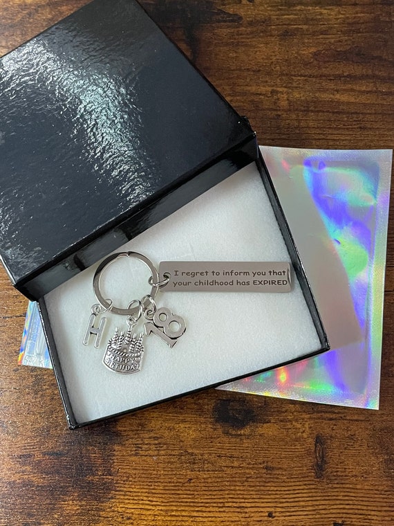 PERSONALISED Initial Letter Charm Set 18th EIGHTEEN Childhood EXPIRED Key Ring Birthday Cake Number Keepsake Fun Quirky Engraved Box Bag