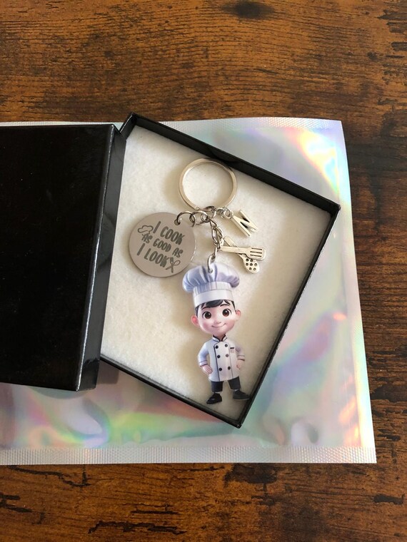 Personalised Initial Chef Key Charm Set I Cook As Good As I Look Utensils Letter Charm Acrylic Man Keepsake Fun Handmade Box Cook Baker