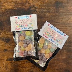 VADERDAG ik hou van je, veel van jelly tots, pakje snoep enz. Papa Opa Papa cadeau cadeau traktatiezakje met kaartopschrift eigenzinnig leuk