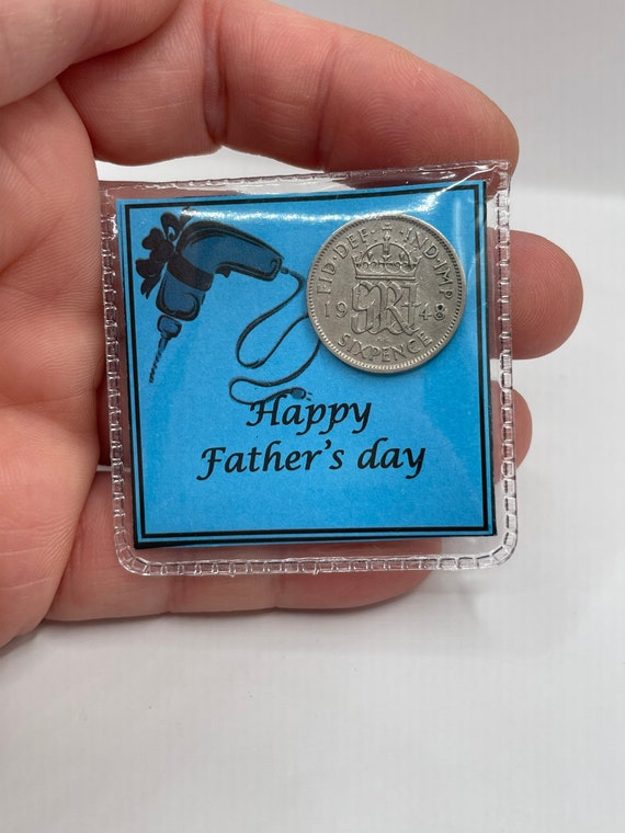 FATHER’S DAY Lucky sixpence keepsake gift pouch for wallet football drill golf car tie pictures poem blue organza bag inside card fun gift