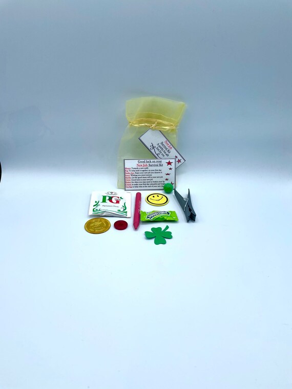 NEW JOB Good Luck Survival Kit Fun Novelty Gift Present Wedding Greeting Cards Unique Quirky Colour Organza Bag Peg Clover Coin Crayon Mints