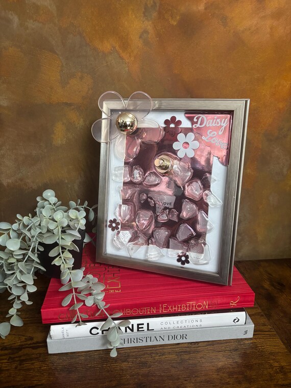 Broken Branded Perfume Bottle Wall Art Frame Gift Set Daisy Love In Two Styles Recycled Handmade Pop Art Resin Made Unique Pink Colours