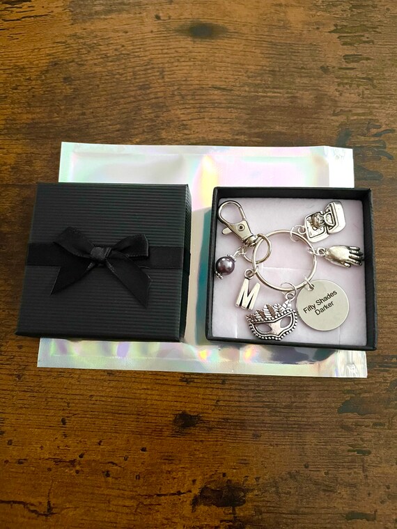 Personalised Initial Letter Charm 50 Fifty Shades DARKER Film Inspired Key Ring Or Bag Charm Set Mask Hand Engagement Ring Beads Keepsake