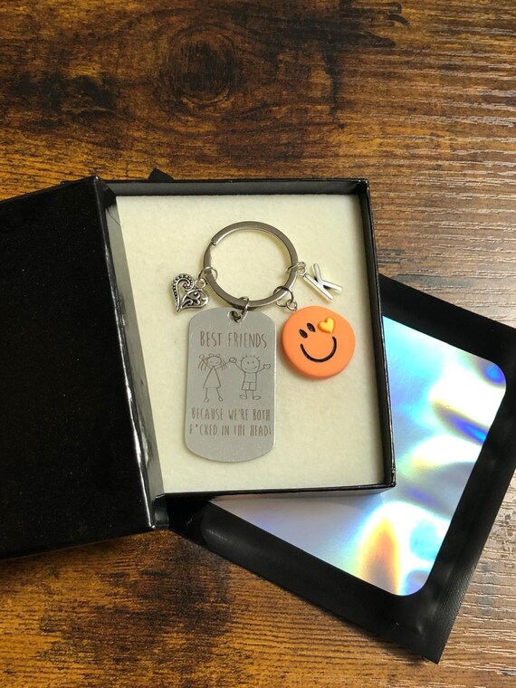Personalised Initial Letter Best Friends Engraved Key Bag Charm Swear Words Fun Novelty Smiley Face Heart Keepsake Gift Box Quirky Unique