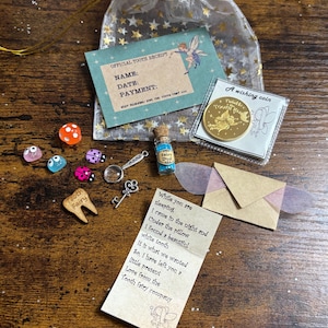 Le cadeau de la fée des dents pièce d'or lettre fée poussière champignon pierres magiques ailes carte clé loupe coccinelle ensemble souvenir sac cadeau
