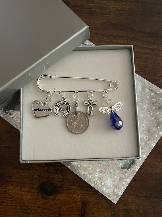 LARGE Something Old New Borrowed Blue Bride Lucky Sixpence Coin Keepsake Pin Garter Or Bouquet Charm Blue Guardian Angel Bow Horseshoe Box