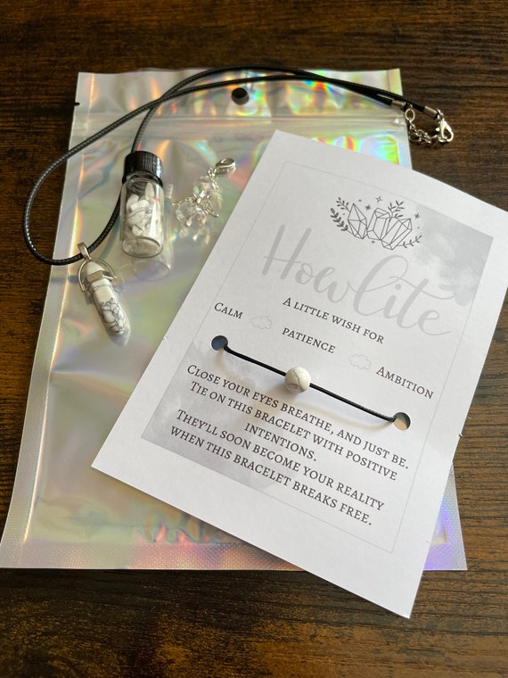 HOWLITE A Little Wish Set For Calm Patience Ambition Crystals Angel Rocks Necklace Bracelet Gift Bag Positivity Keepsake Gift Chakra Healing