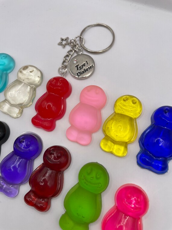 Type 1 one diabetes key ring bag charm pendant keepsake gift with jelly baby in many colours and stars, comes gift boxed novelty quirky fun
