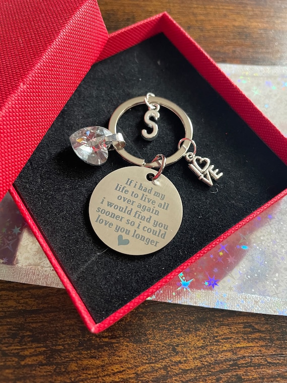 PERSONALISED Initial Charm Letter Love Key Charm Set Live Life Love You Longer Valentine Birthday Loved One Crystal Heart Box Or Bag