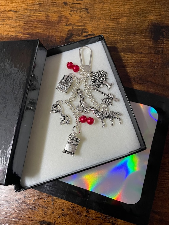 Little Red Riding Hood Film Inspired Key Charm Gift Keepsake Boxed Wolf Glasses Cottage House Bed Red Beads Tree in a lovely box Birthday