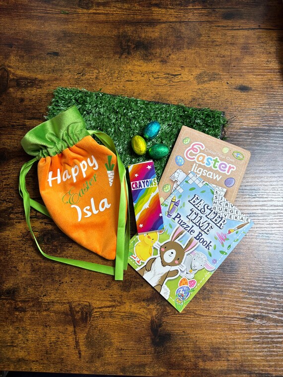 PERSONALISED Name CARROT Velvet Drawstring Sweet Treat Gift Bag And COLOURING Book Puzzle Set Easter Orange Green White Vinyl Printed Ribbon
