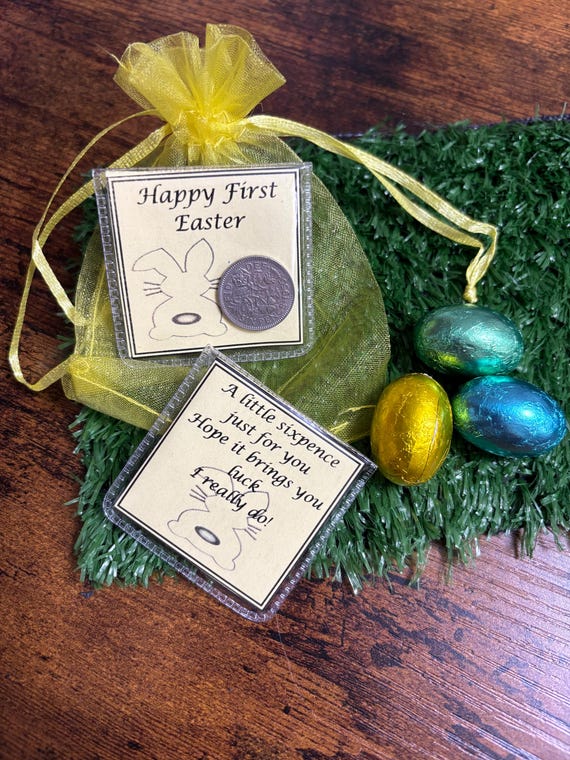 Happy First EASTER Lucky Sixpence British Coin Gift Bunny Rabbit Good Luck Keepsake Gift Poem Pouch Gift Bag Three Colour To Choose