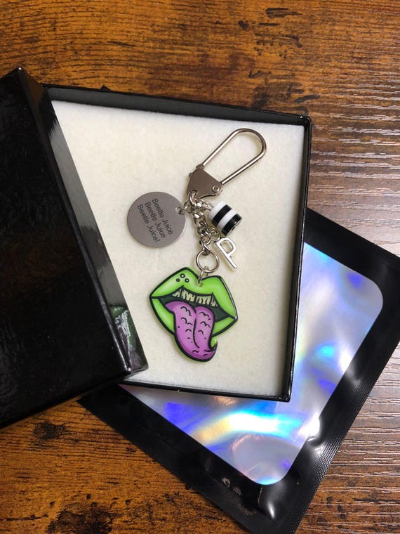 BEETLE JUICE Green Lips Mouth Tongue Personalised Initial Letter Key Ring Charm Pendant New Film Inspired Gift Boxed Shimmer Bag Quirky Fun