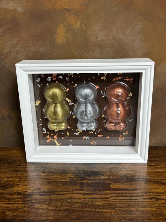 Large Jelly Babies Gold Silver Bronze Colours Resin Made Deep Box Framed Wall Art Handmade Glitter Foil Keepsake Quirky Fun Sweets Metallic