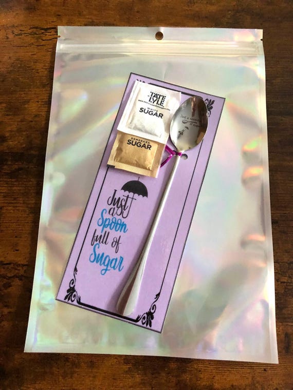 Just A Spoon Full Of Sugar Engraved Tea Spoon Two Sugars On A Laminated Card Shimmer Gift Bag Fun Novelty Mary Poppins Inspired Quirky Metal