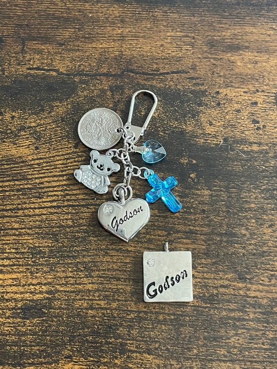 GODSON lucky sixpence keepsake key charm pendant set blue cross rhinestone teddy bear blue heart ribbon gift box poem christening coin beads