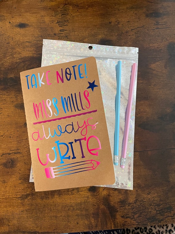 PERSONALISED Teachers Name Large NoteBook And Two Pencils Vinyl Printed Take Note Always WRITE Fun Quirky Thank You End Of Term Gift Novelty