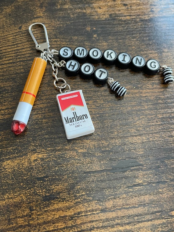 SMOKING HOT cigarette packet fag tobacco black and white beads keepsake key or bag charm pendant gift box fun quirky birthday anyone family