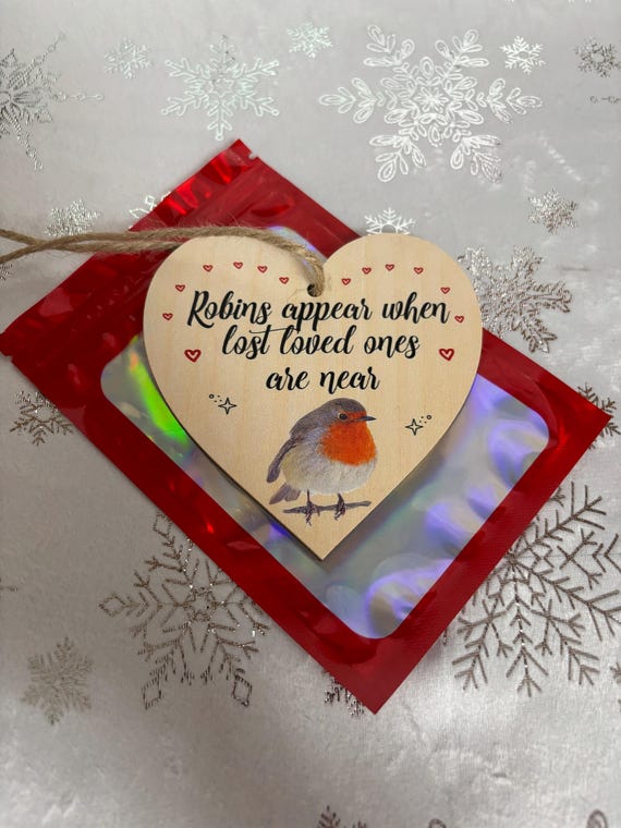 Robin Wall Tree Decoration Heart Plaque Lost Loved Ones Shimmer Gift Bag Memory Memorial Keepsake Fun Novelty Keepsake Bird Words Print