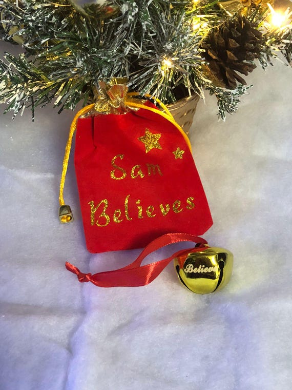 PERSONALISED Any Name Red Santa Gift Bag Reindeer Lost Gold Jingle Sleigh Bell Believe Etched On Bell Tree Decoration Keepsake