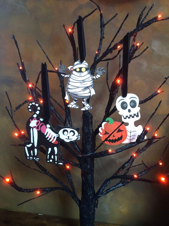 Set Of Three Halloween Tree Or Wall Decorations Mummy Cat Skeleton Ribbon Trick Or Treat Fun Novelty Quirky Gift Shimmer Gift Bag Spooky