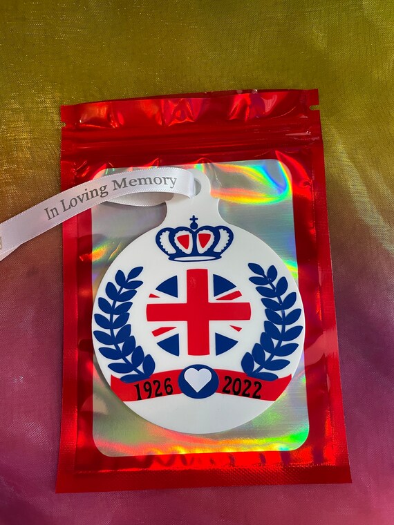 Christmas Tree Acrylic Decoration Bauble In Loving Memory Of Queen Elizabeth II Keepsake Union Jack Queen Hearts Printed Ribbon Gift Bag