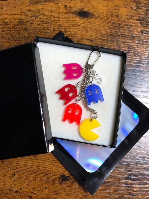 Personalised Initial Letter PACMAN Retro 80s Arcade Game Key Or Bag Charm Set Four Colour Ghost Acrylic Made Fun Novelty Quirky Gift Box Bag