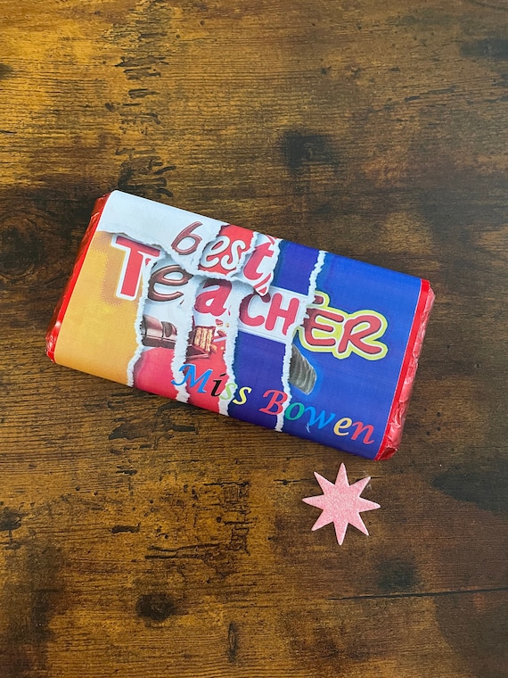 TEACHER Personalised Name Sweet Chocolate Wrapper Easy Peel Sticker Good Bye Mrs Miss Mr Thank YOU Fits Large Chocolate Bar Fun Quirky