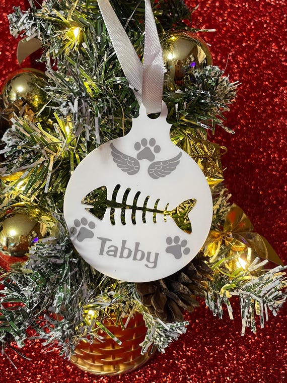 Personalised IN LOVING MEMORY Cat Christmas tree decoration memorial remember pet fish cutout bauble angel wings paw prints ribbon gift bag