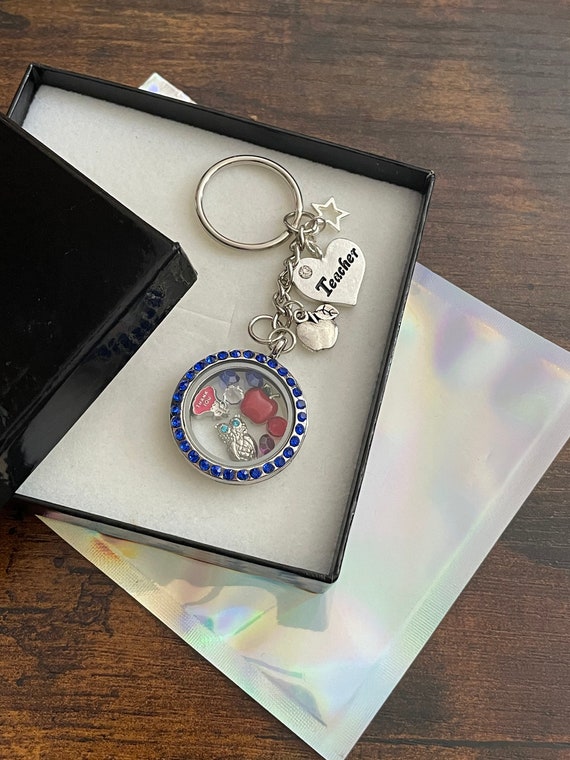 Thank you teacher memory locket keepsake keychain key ring apple stars owl crystals rhinestone gift box set end of term or christmas gift