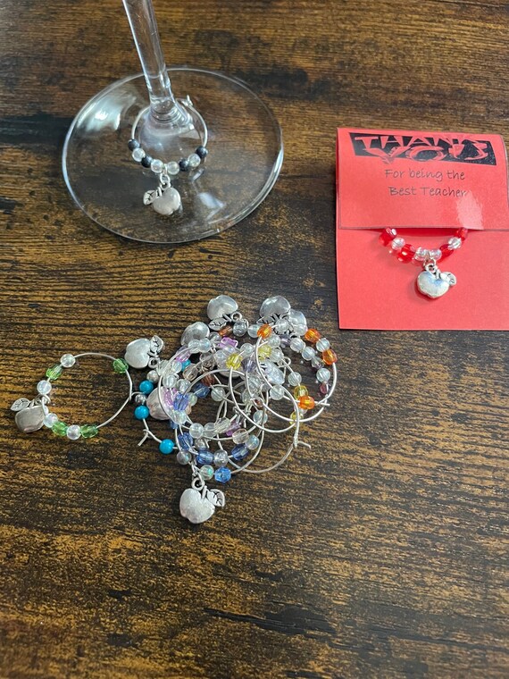 THANK YOU Wine Glass Charms Teachers Teaching Assistant Nursery Helper Fun APPLES Charm Any Colour Beads Card Gift Bag End Of Term Christmas