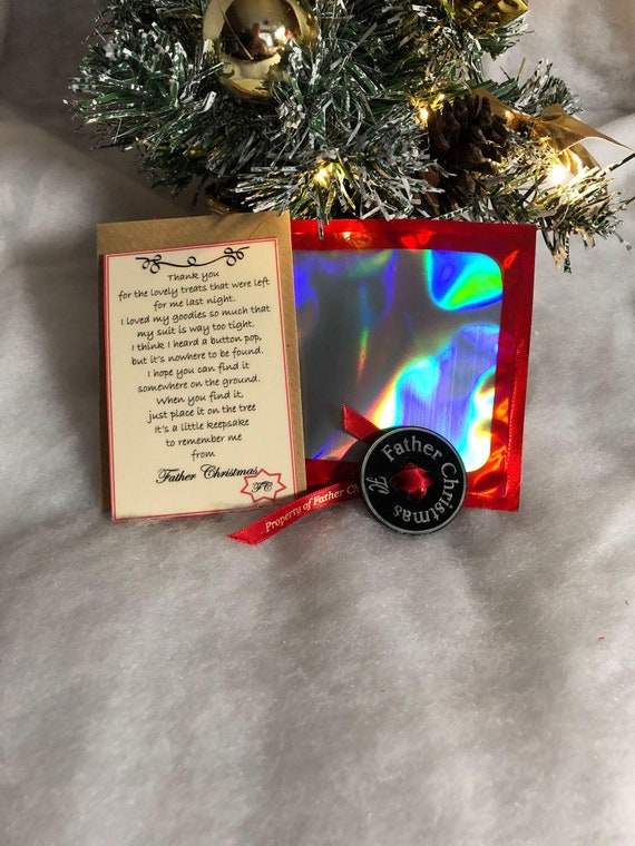 Black FATHER CHRISTMAS Lost Button Red Ribbon Card From Santa To Ask Where His Button Is Shimmer Gift Bag Christmas Eve Day Gift Magical Fun