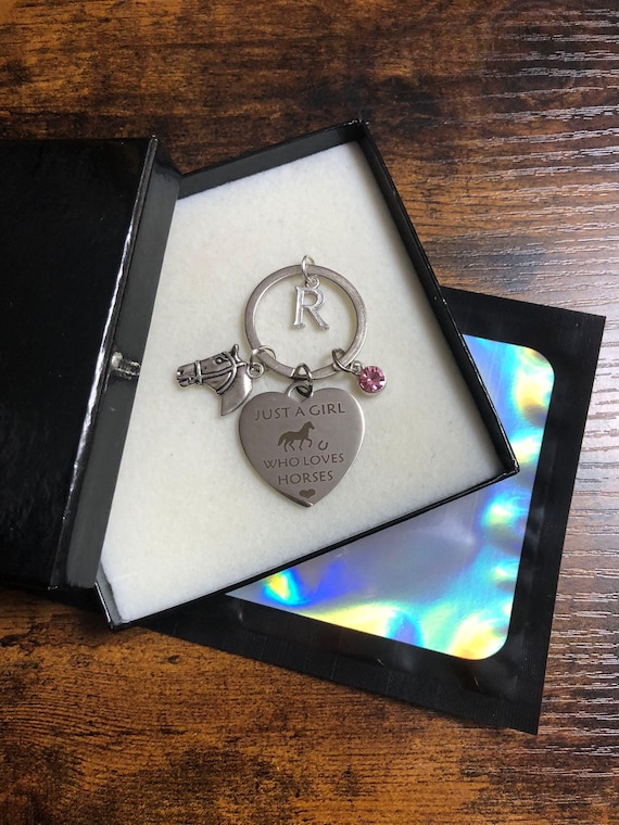 PERSONALISED Initial Letter Just A Girl Who Loves HORSES Key Charm Set Pink Rhinestone Gem Horses Head Gift Box Bag Keepsake Birthday Xmas