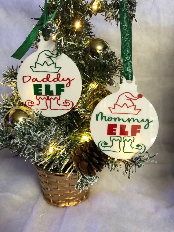 MUMMY and DADDY Elf christmas tree decoration bauble set hat legs red green ribbon gift bag keepsake gift for family