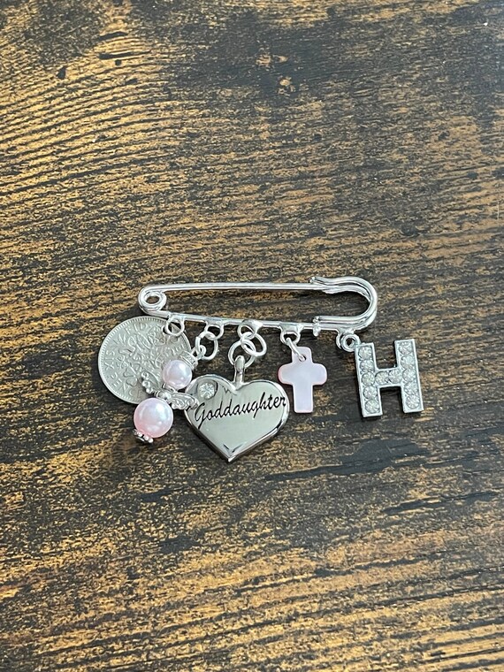 Personalised initial Christening Goddaughter keepsake charm pin set cross angel lucky sixpence coin and rhinestone alphabet charm gift boxed