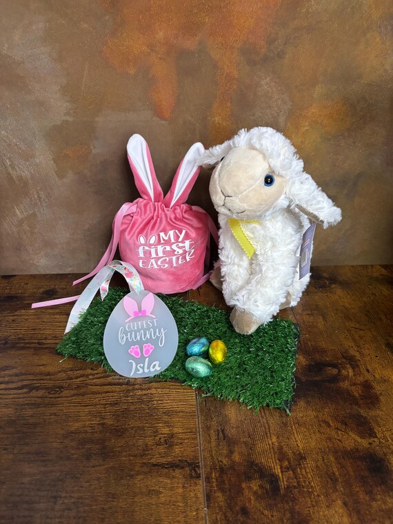 Personalised Baby’s First Easter Gift Bag Baby Plush Lamb Teddy Wall Plaque Pink Blue Sets Vinyl Print Bunny Ears Keepsake Quirky Gift Set